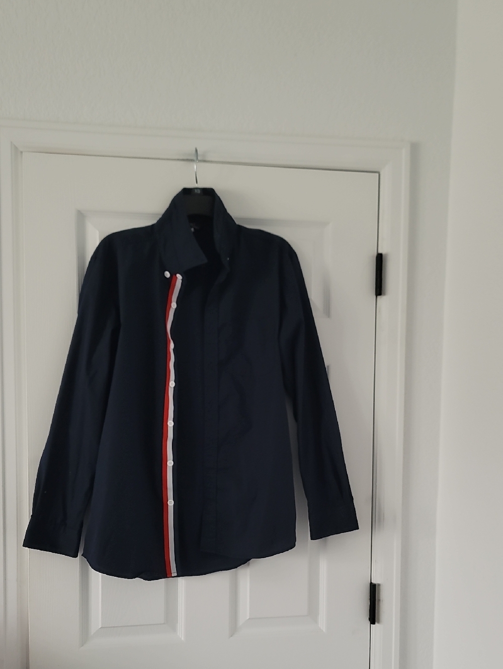 Men's Navy Dress Shirt with Red and White Stripe Detail